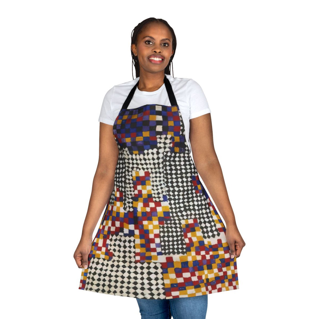 Colorful abstract apron featuring geomantic art reminiscent of Alfred Jensen's paintings