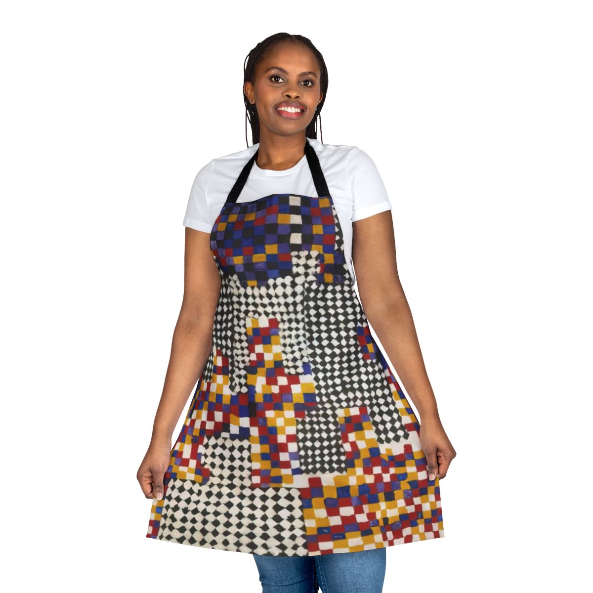 Colorful abstract apron featuring geomantic art reminiscent of Alfred Jensen's paintings