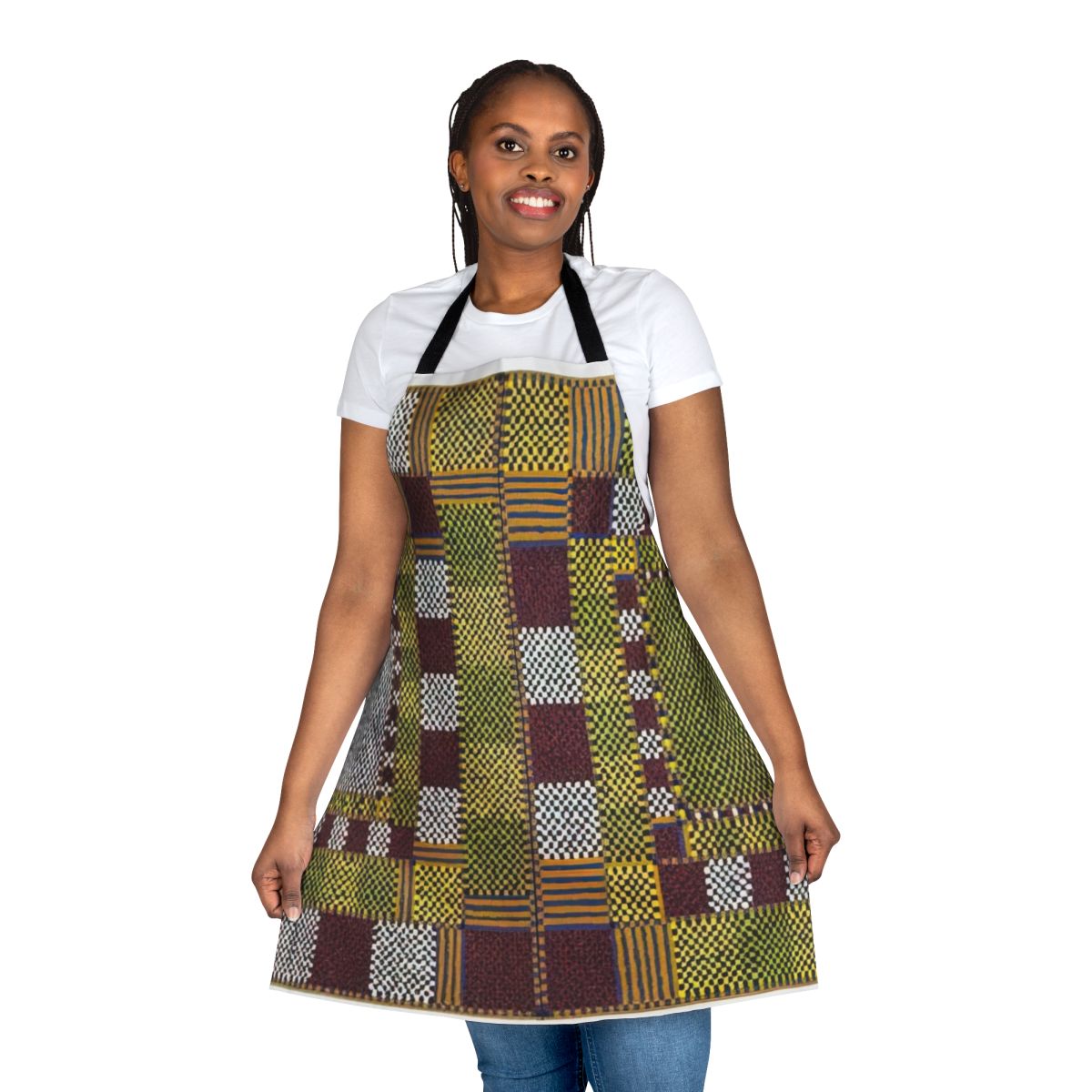 Colorful abstract apron with geometric patterns and maritime themes, inspired by the artwork of Alfred Jensen.