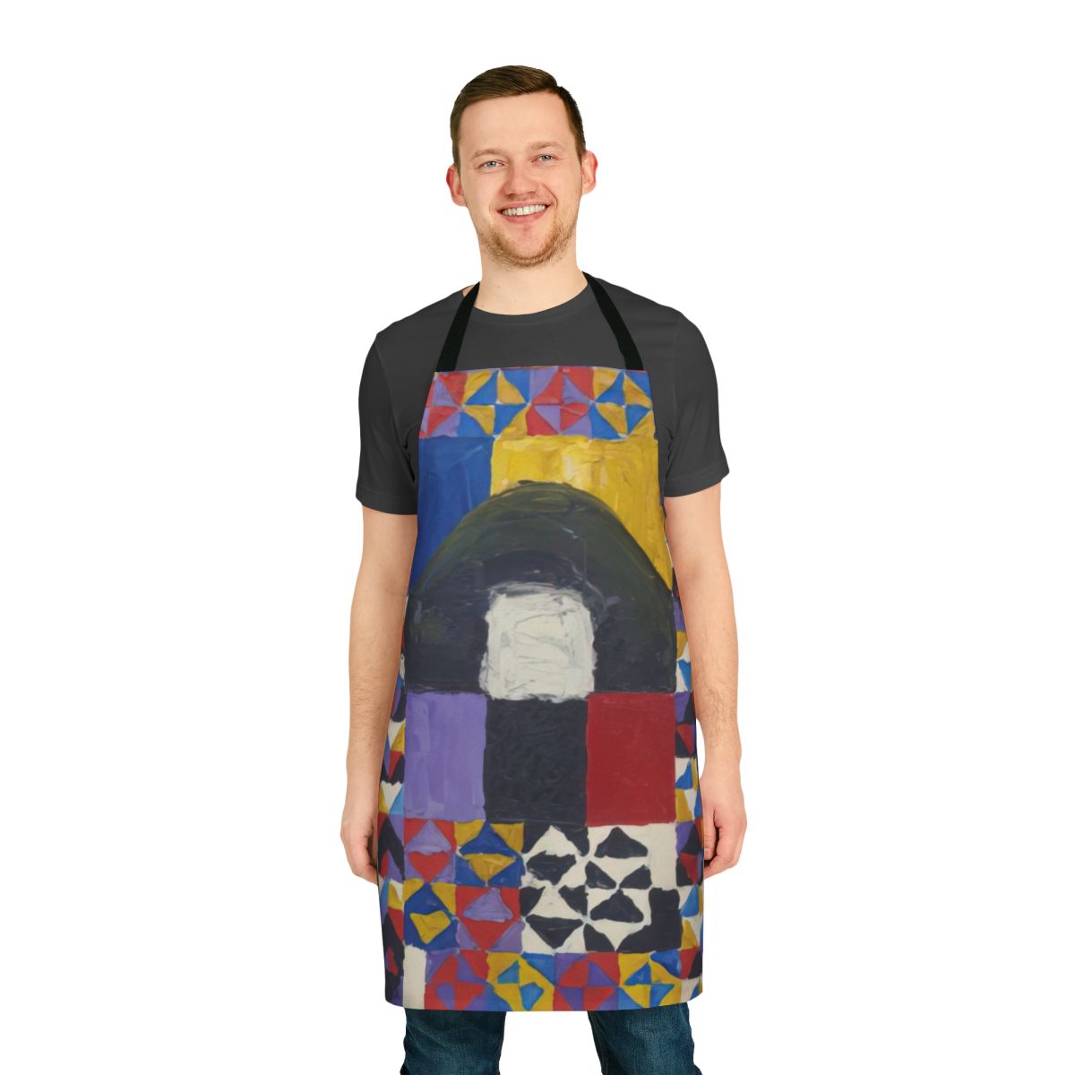 Colorful abstract apron inspired by the art of Alfred Jensen, featuring geometric patterns and spiritual symbolism.