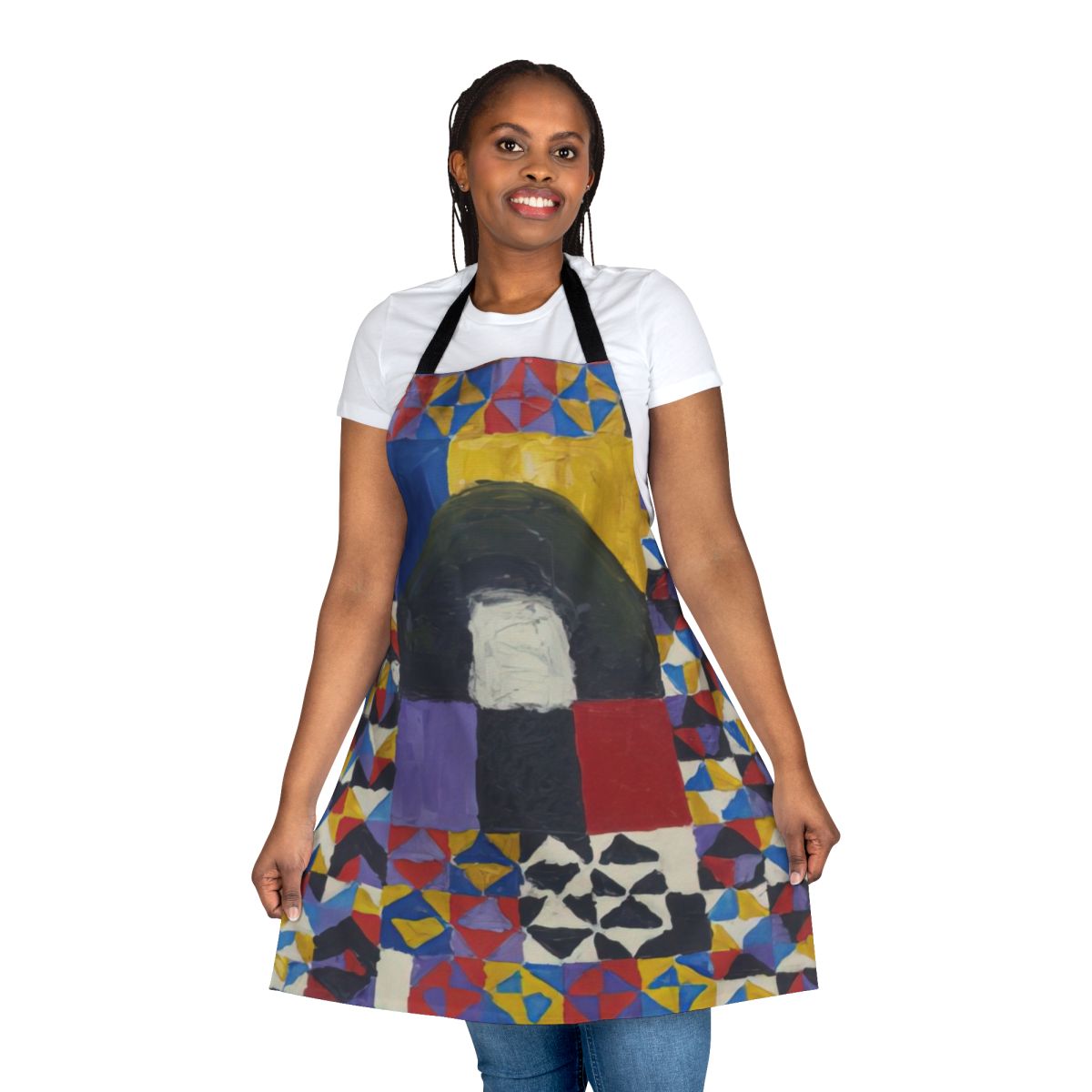 Colorful abstract apron inspired by the art of Alfred Jensen, featuring geometric patterns and spiritual symbolism.