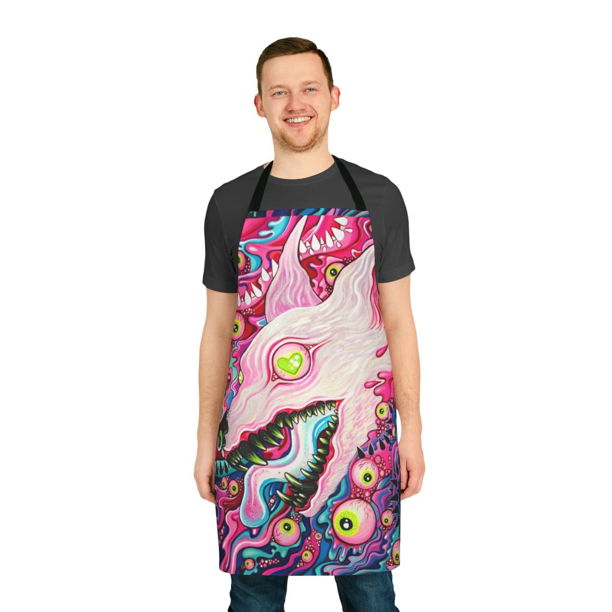 Colorful glitter wolf acrylic painting apron with gothic, goth, and punk pastel design