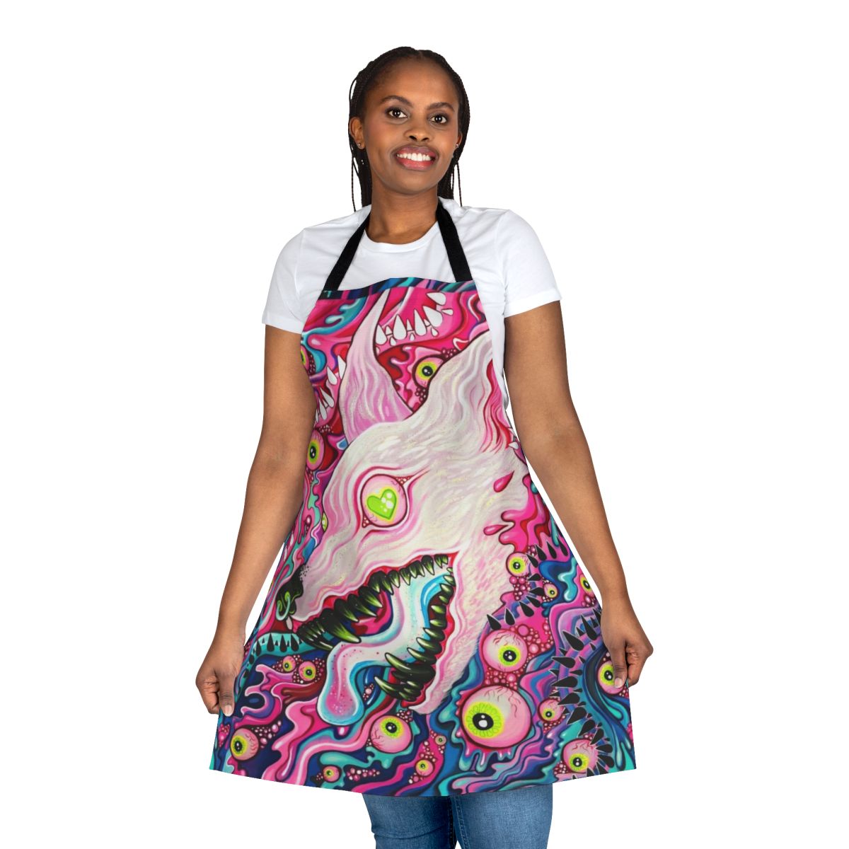 Colorful glitter wolf acrylic painting apron with gothic, goth, and punk pastel design