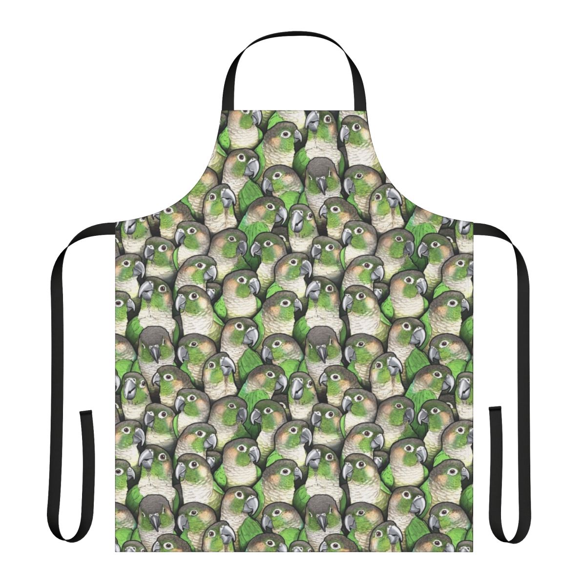 Vibrant green cheeked conure pattern printed on a durable apron