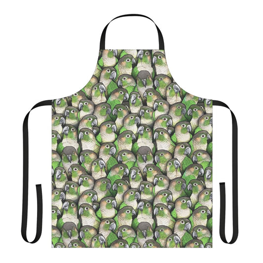 Vibrant green cheeked conure pattern printed on a durable apron
