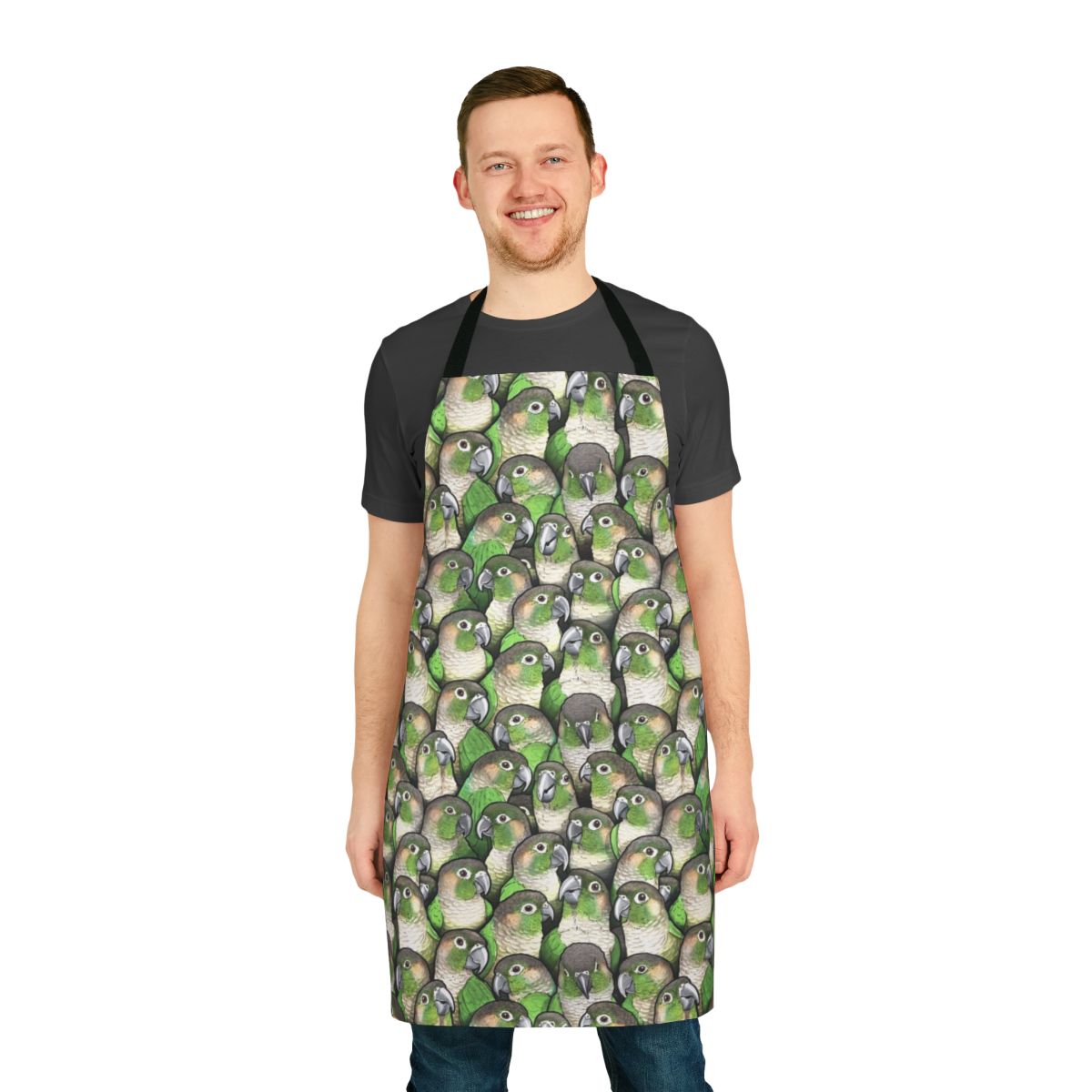 Vibrant green cheeked conure pattern printed on a durable apron