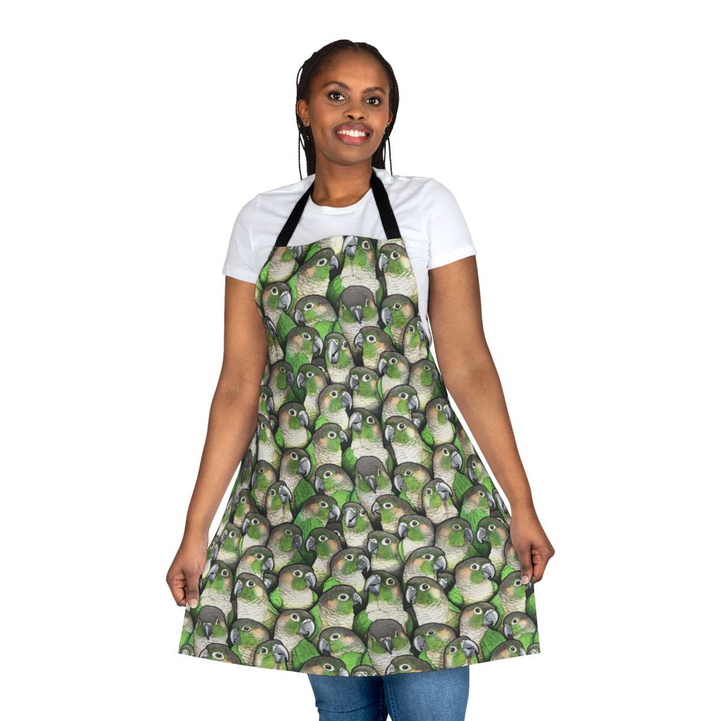 Vibrant green cheeked conure pattern printed on a durable apron