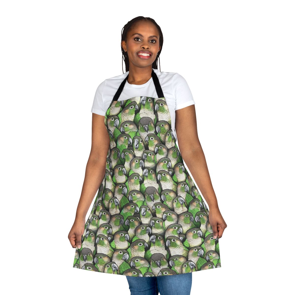 Vibrant green cheeked conure pattern printed on a durable apron