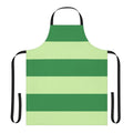 Colorful green and blue striped apron with cartoon dog design, perfect for children
