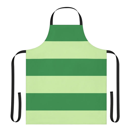 Colorful green and blue striped apron with cartoon dog design, perfect for children