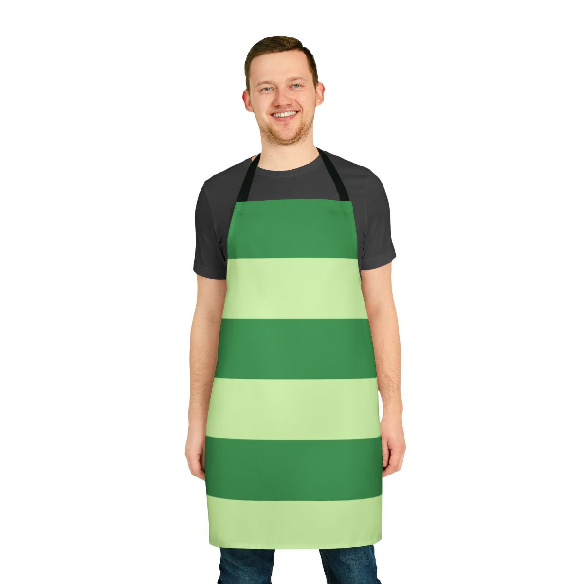 Colorful green and blue striped apron with cartoon dog design, perfect for children
