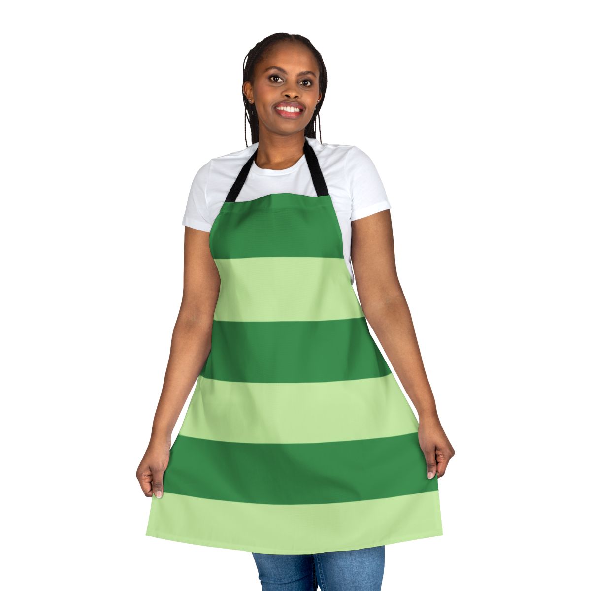 Colorful green and blue striped apron with cartoon dog design, perfect for children