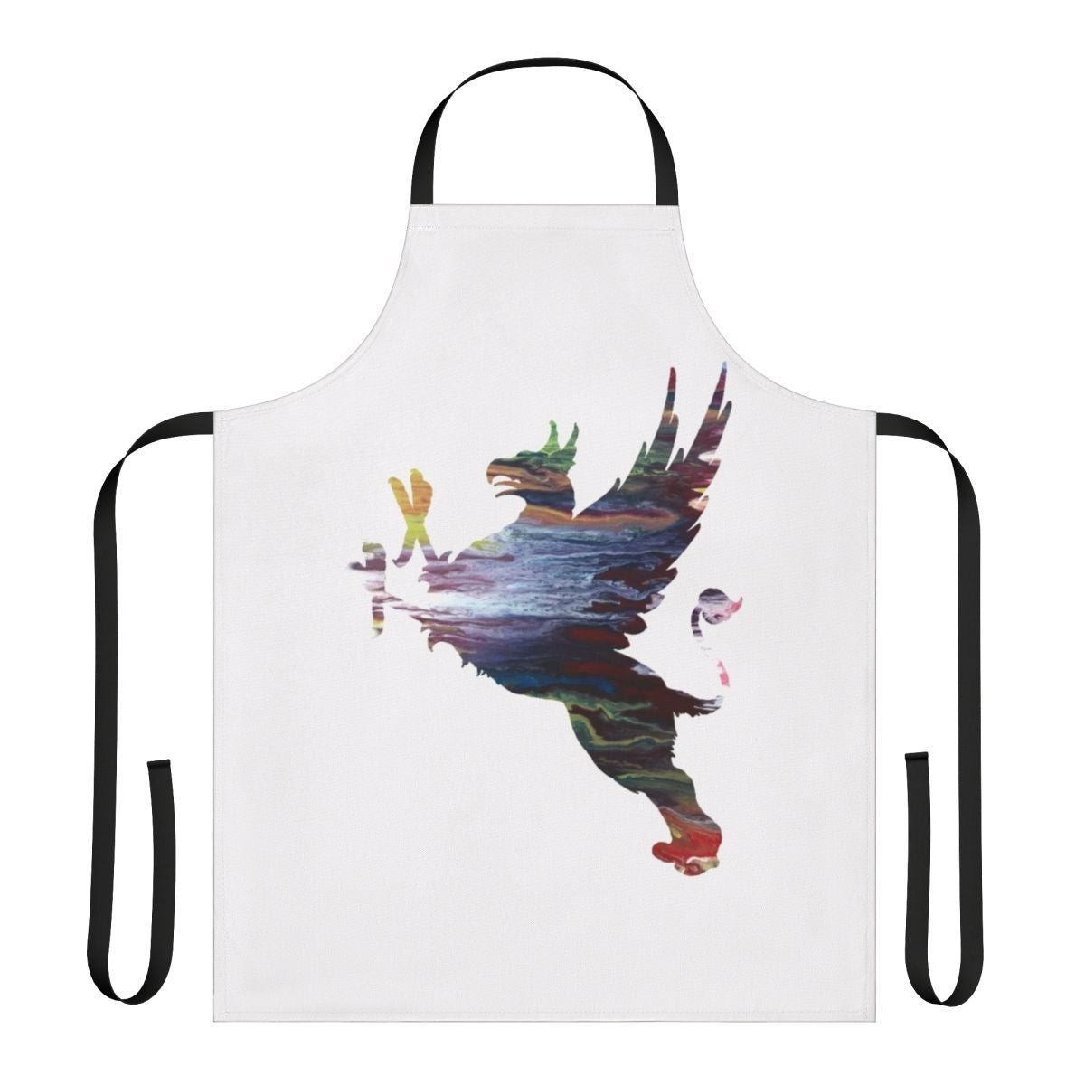 Vibrant abstract watercolor painting of a gryphon silhouette on an apron.