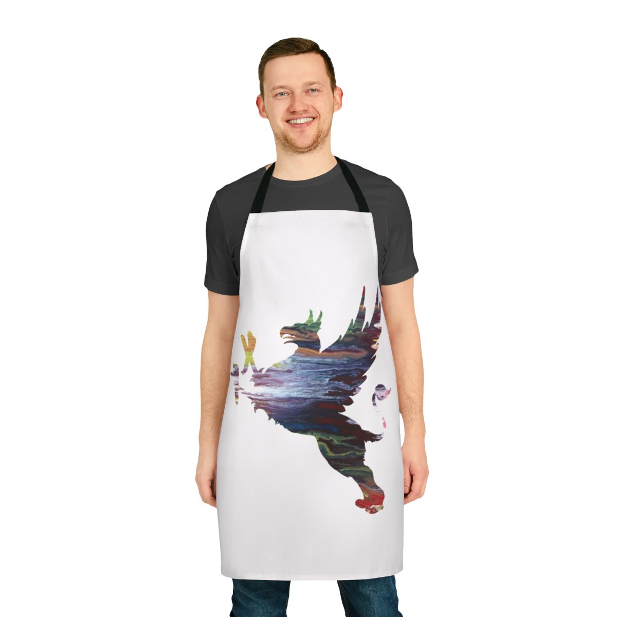 Vibrant abstract watercolor painting of a gryphon silhouette on an apron.