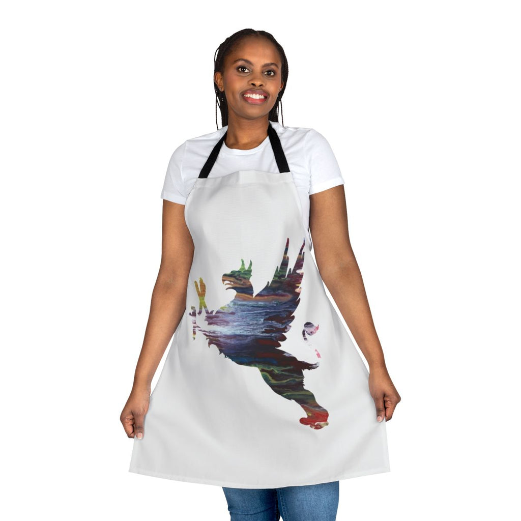Vibrant abstract watercolor painting of a gryphon silhouette on an apron.