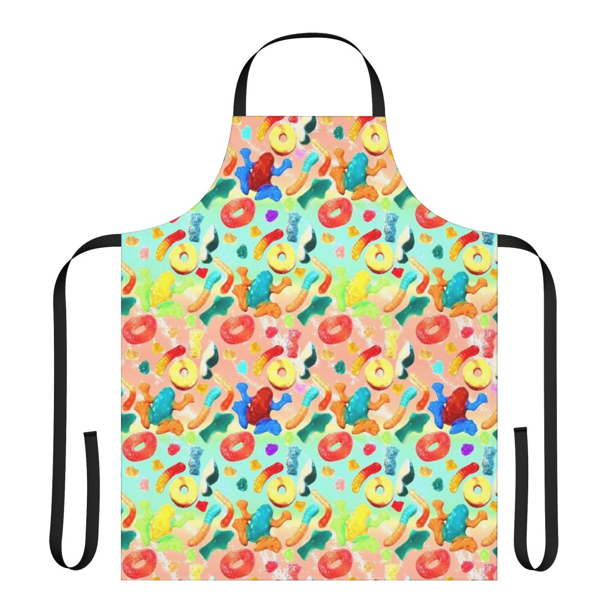 Whimsical apron featuring a vibrant pattern of gummy candies, sharks, and other sweets