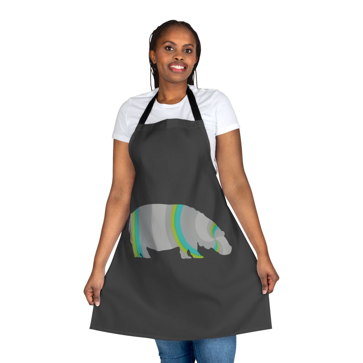 Colorful abstract art of a hippo, a legendary animal, on an apron