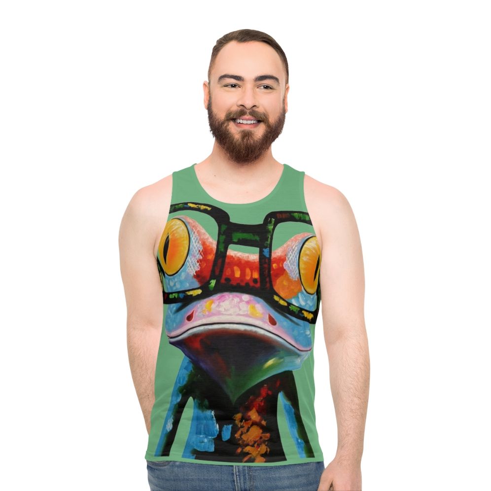 Colorful hipster frog wearing nerd glasses printed on a unisex tank top
