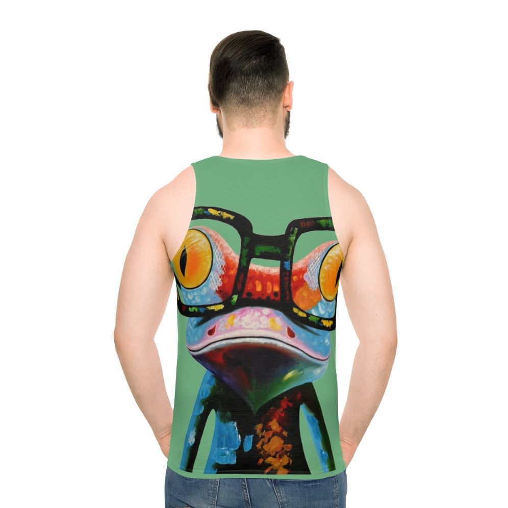 Colorful hipster frog wearing nerd glasses printed on a unisex tank top