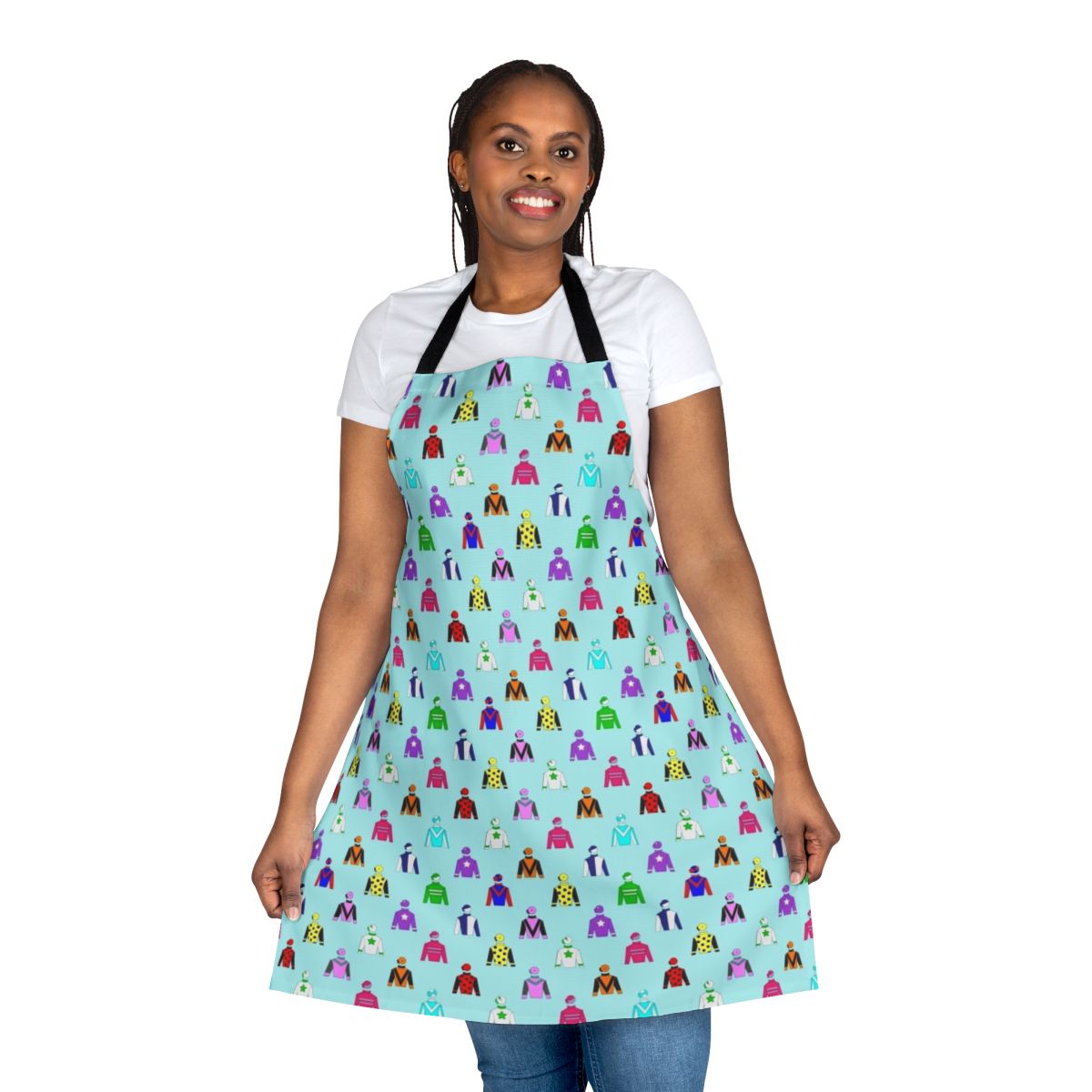 Colorful horse racing jockey silks inspired apron with a variety of patterns and colors