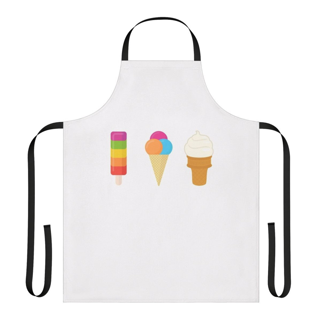 Vibrant apron featuring a collage of colorful ice cream cones, popsicles, and frozen treats.