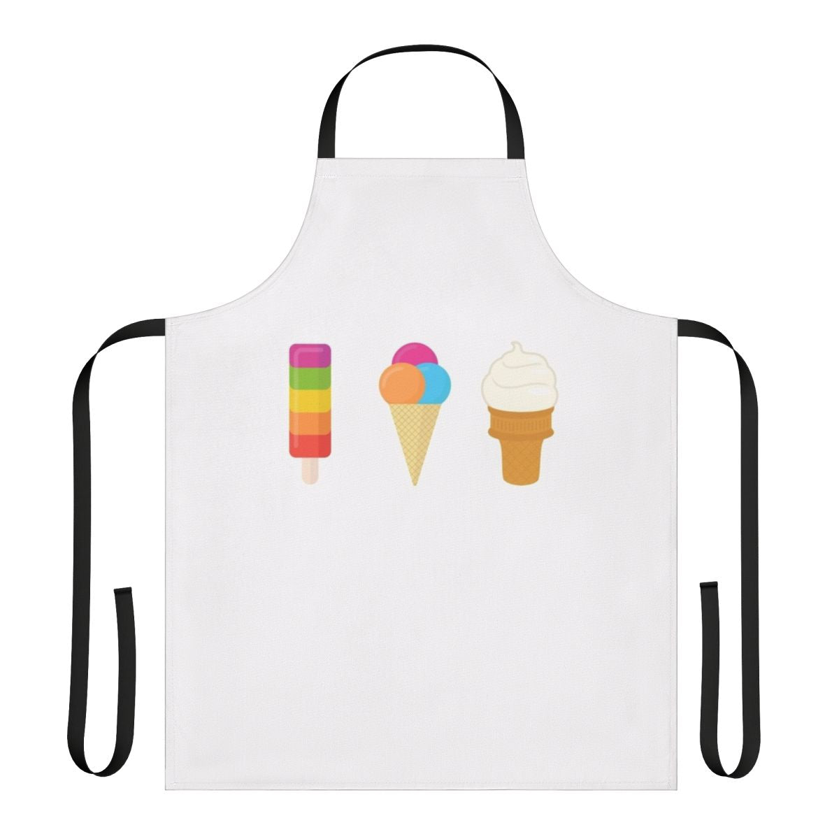 Vibrant apron featuring a collage of colorful ice cream cones, popsicles, and frozen treats.