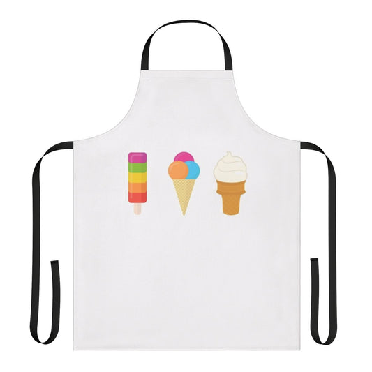 Vibrant apron featuring a collage of colorful ice cream cones, popsicles, and frozen treats.