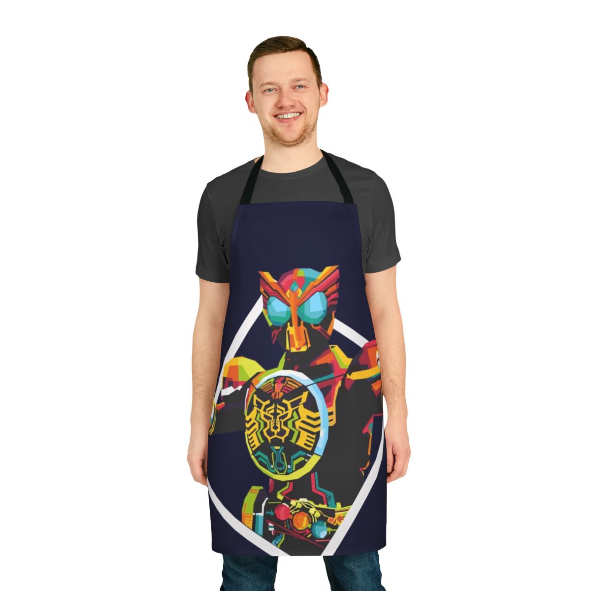 Vibrant apron featuring characters and symbols from the Kamen Rider OOO tokusatsu series