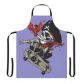 A colorful pirate-themed apron for kids, featuring a skull, parrot, and skateboard design