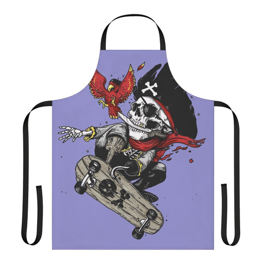A colorful pirate-themed apron for kids, featuring a skull, parrot, and skateboard design