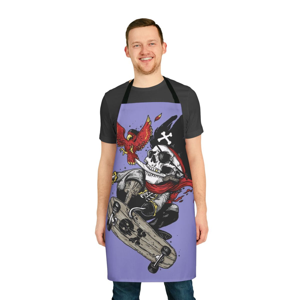 A colorful pirate-themed apron for kids, featuring a skull, parrot, and skateboard design