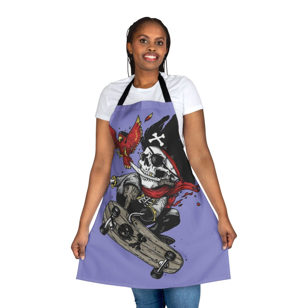 A colorful pirate-themed apron for kids, featuring a skull, parrot, and skateboard design