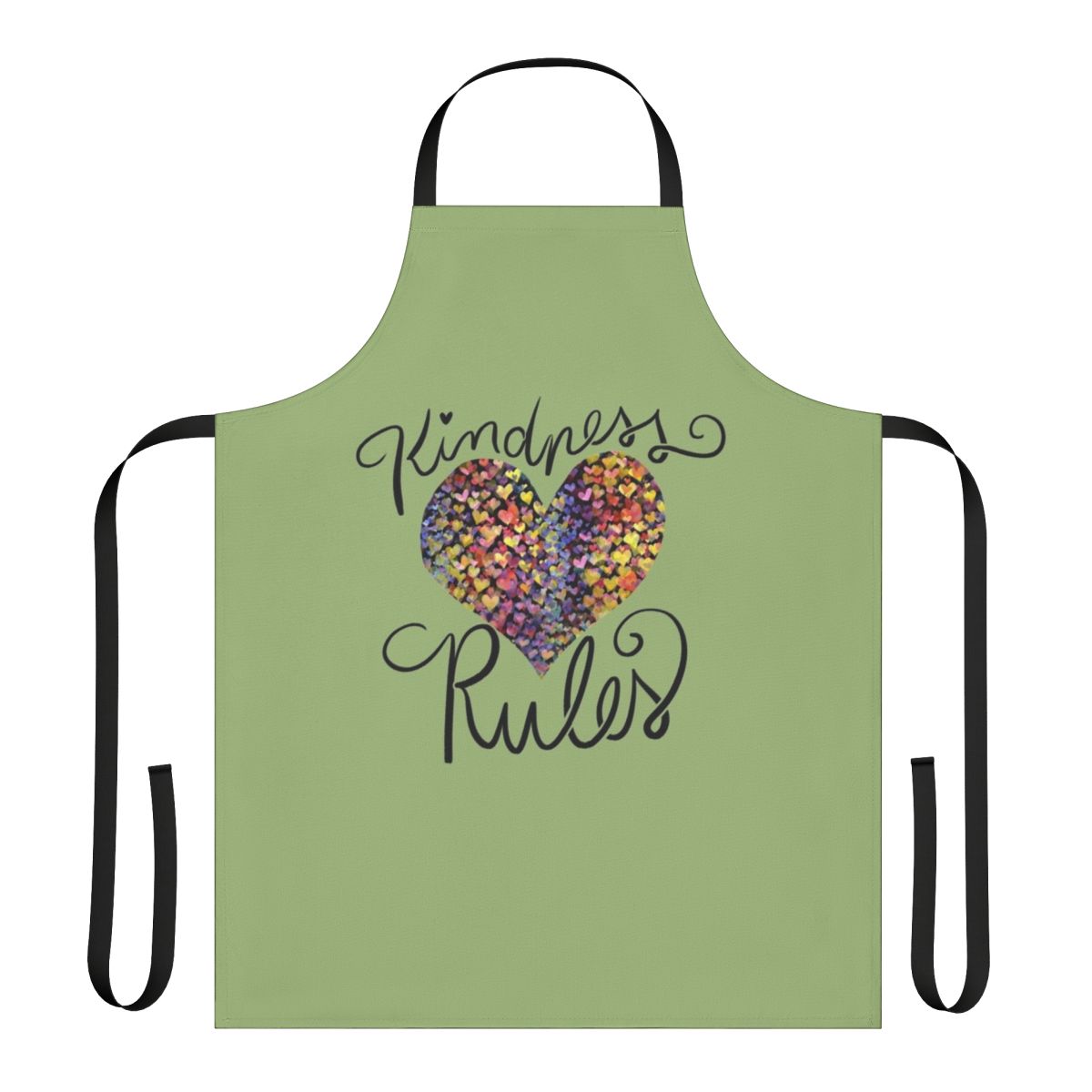 Colorful apron with rainbow and heart design, featuring the text "Kindness Matters"