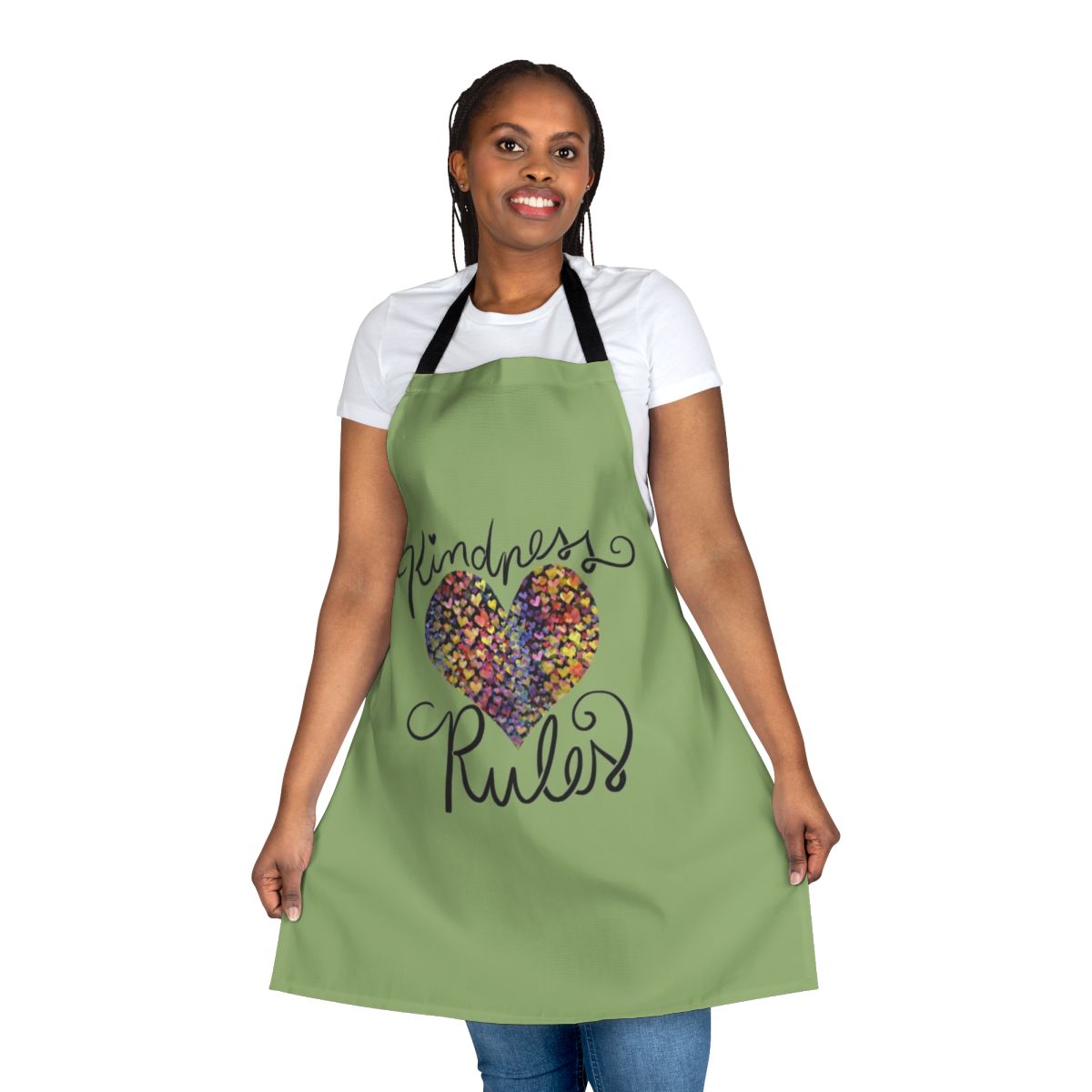 Colorful apron with rainbow and heart design, featuring the text "Kindness Matters"
