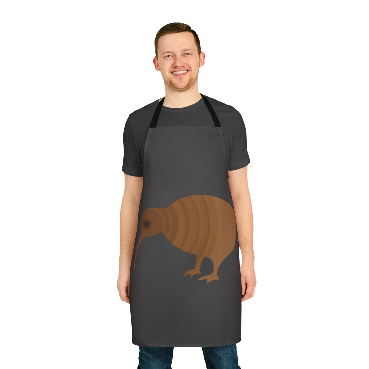 Vibrant and abstract apron design featuring a kiwi bird and legendary animals