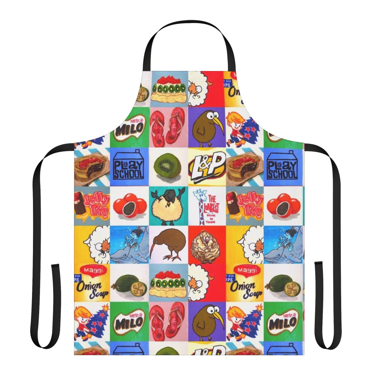 Colorful apron featuring a collage of kiwiana food and drink icons like the Kiwi bird, Tip Top, Jaffas, Milo, and more.