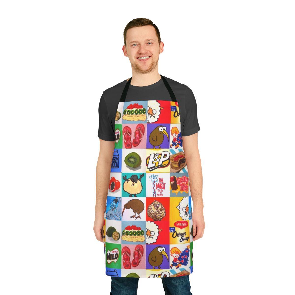 Colorful apron featuring a collage of kiwiana food and drink icons like the Kiwi bird, Tip Top, Jaffas, Milo, and more.