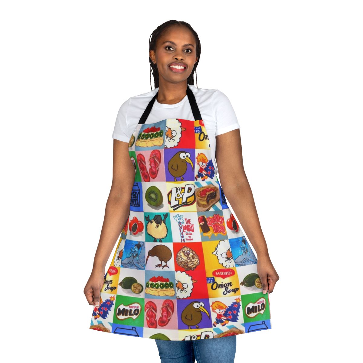 Colorful apron featuring a collage of kiwiana food and drink icons like the Kiwi bird, Tip Top, Jaffas, Milo, and more.