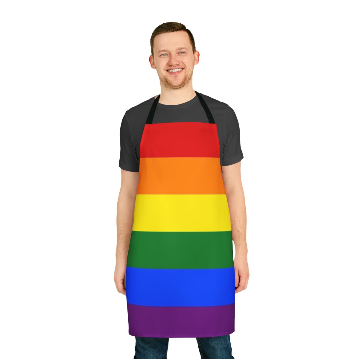 Colorful LGBTQ+ pride flag design on an adjustable kitchen apron