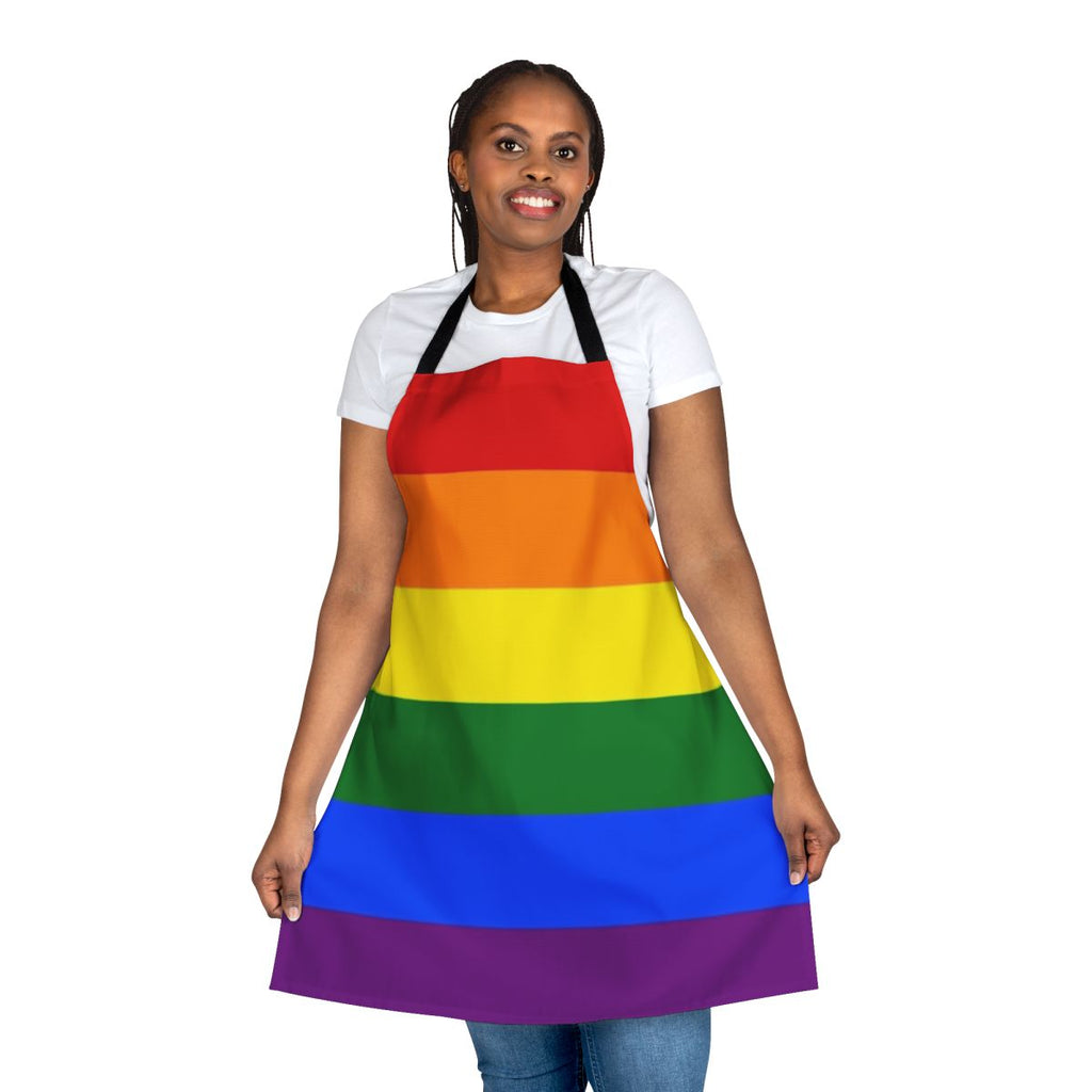 Colorful LGBTQ+ pride flag design on an adjustable kitchen apron