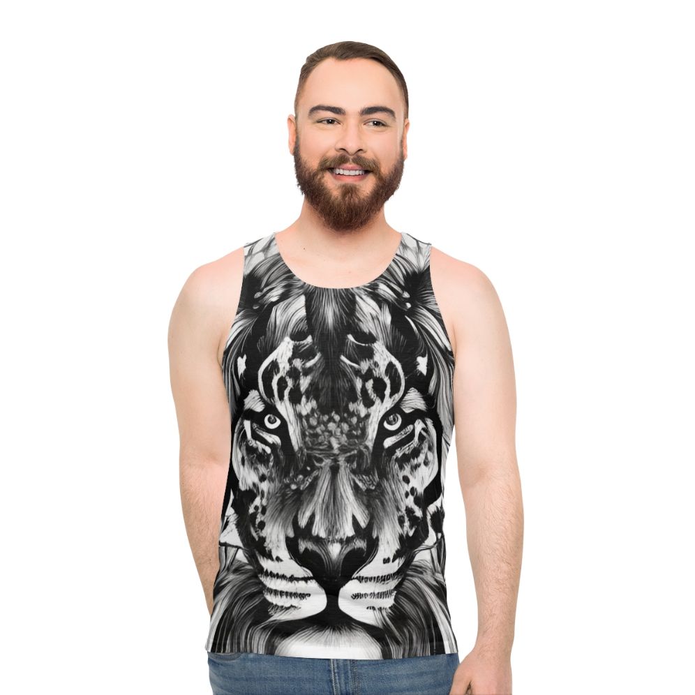 Colorful lion portrait graphic on unisex tank top