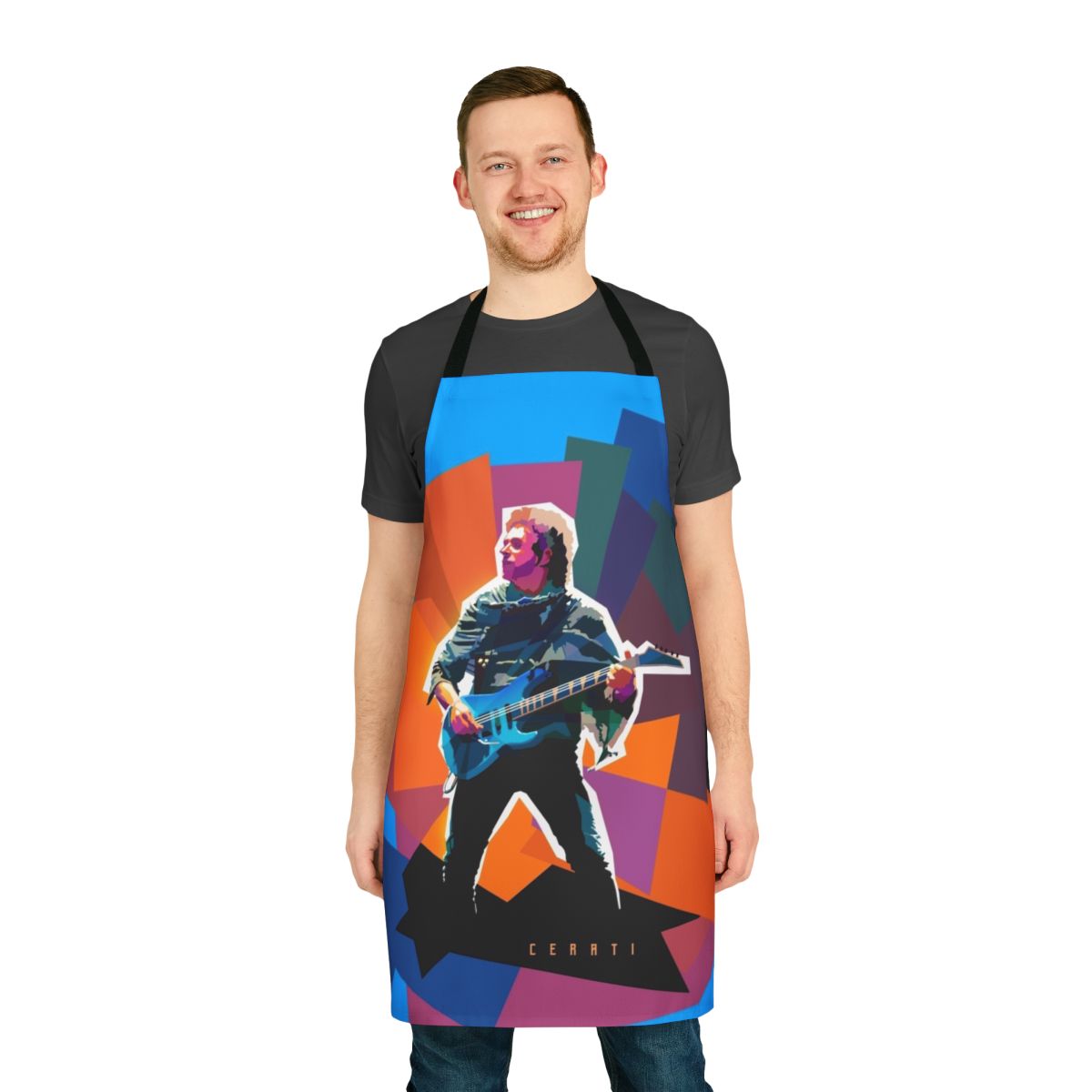 Vibrant low polygon apron featuring the likeness of Argentine musician Gustavo Cerati.