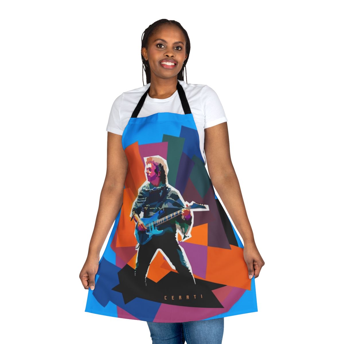 Vibrant low polygon apron featuring the likeness of Argentine musician Gustavo Cerati.