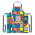 A vibrant, color block apron featuring a retro-inspired geometric pattern in shades of blue, pink, and yellow.