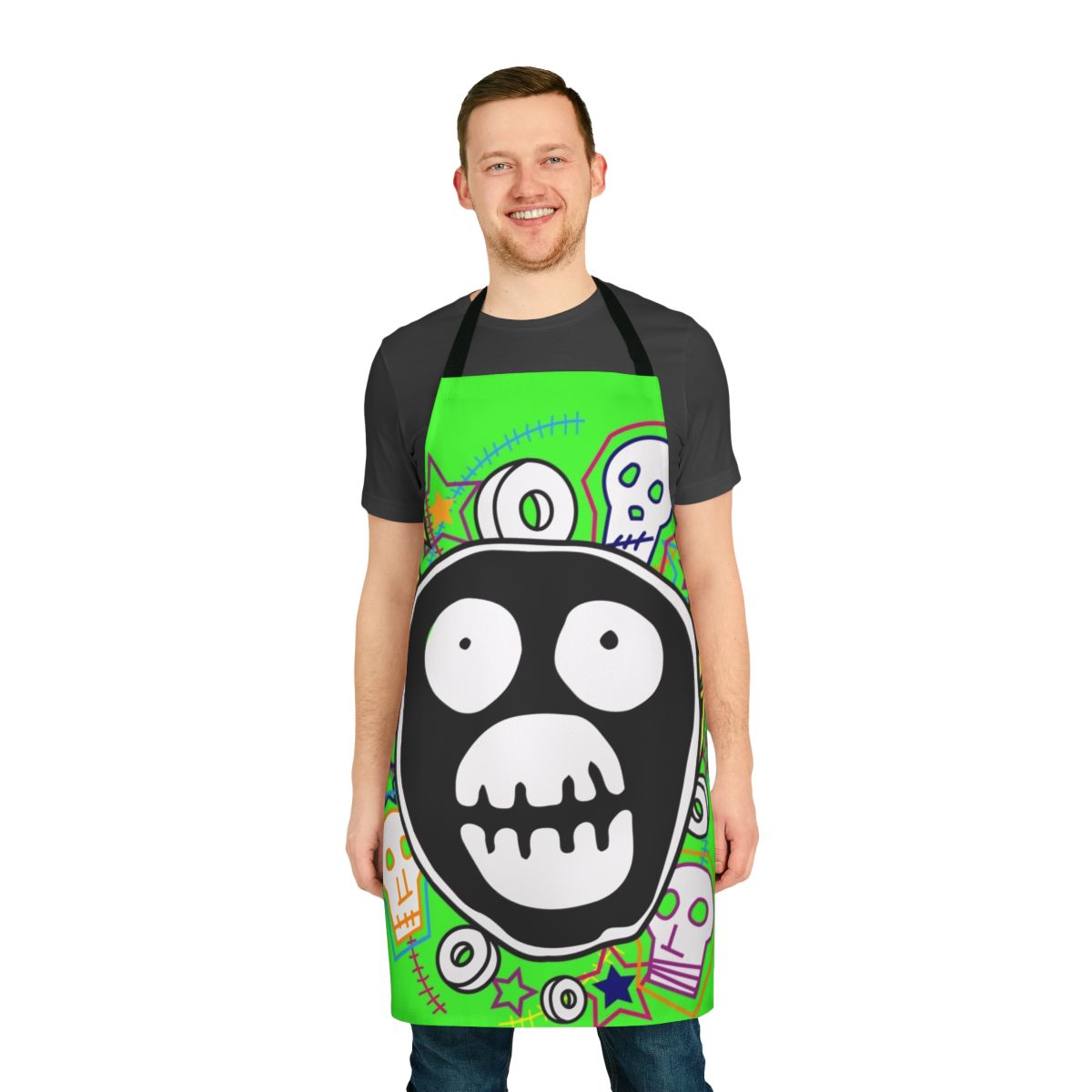 Vibrant apron featuring the iconic Mighty Boosh logo design