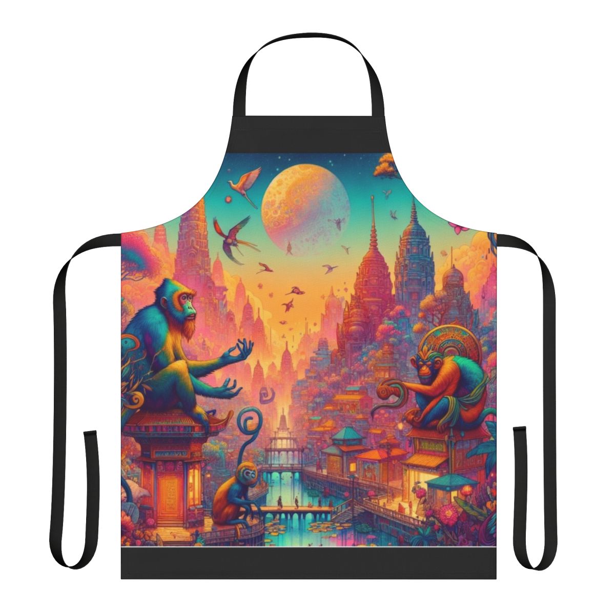 Colorful artistic apron design featuring a whimsical city of monkeys