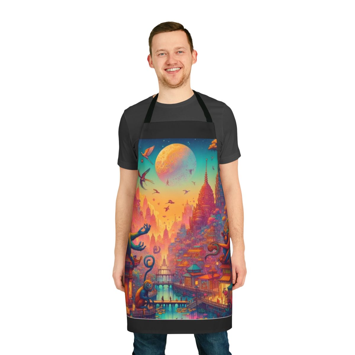 Colorful artistic apron design featuring a whimsical city of monkeys