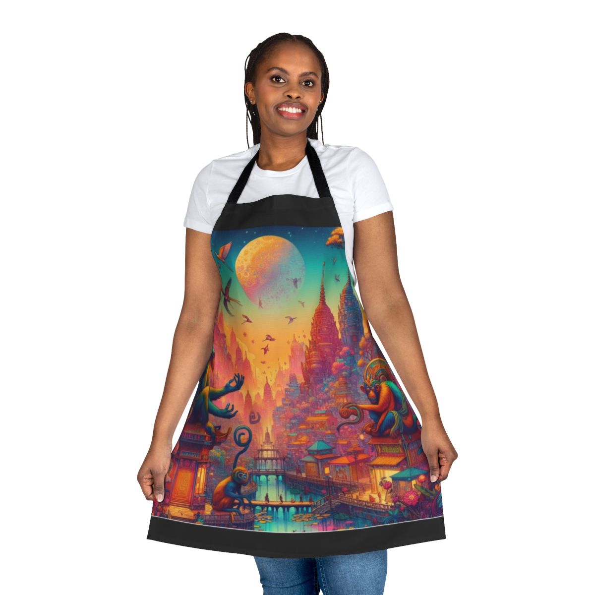 Colorful artistic apron design featuring a whimsical city of monkeys