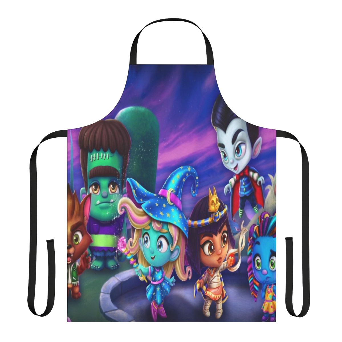 Vibrant monster-patterned apron featuring adorable Super Monsters characters