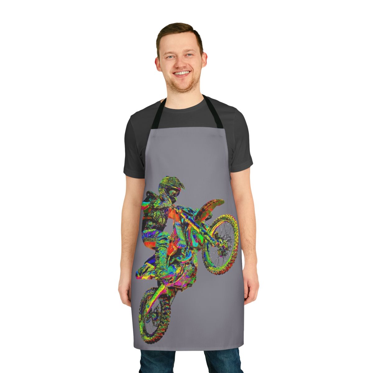 Vibrant motocross-themed apron with bold colors and graphic designs, perfect for motorcycle enthusiasts and outdoor adventurers.